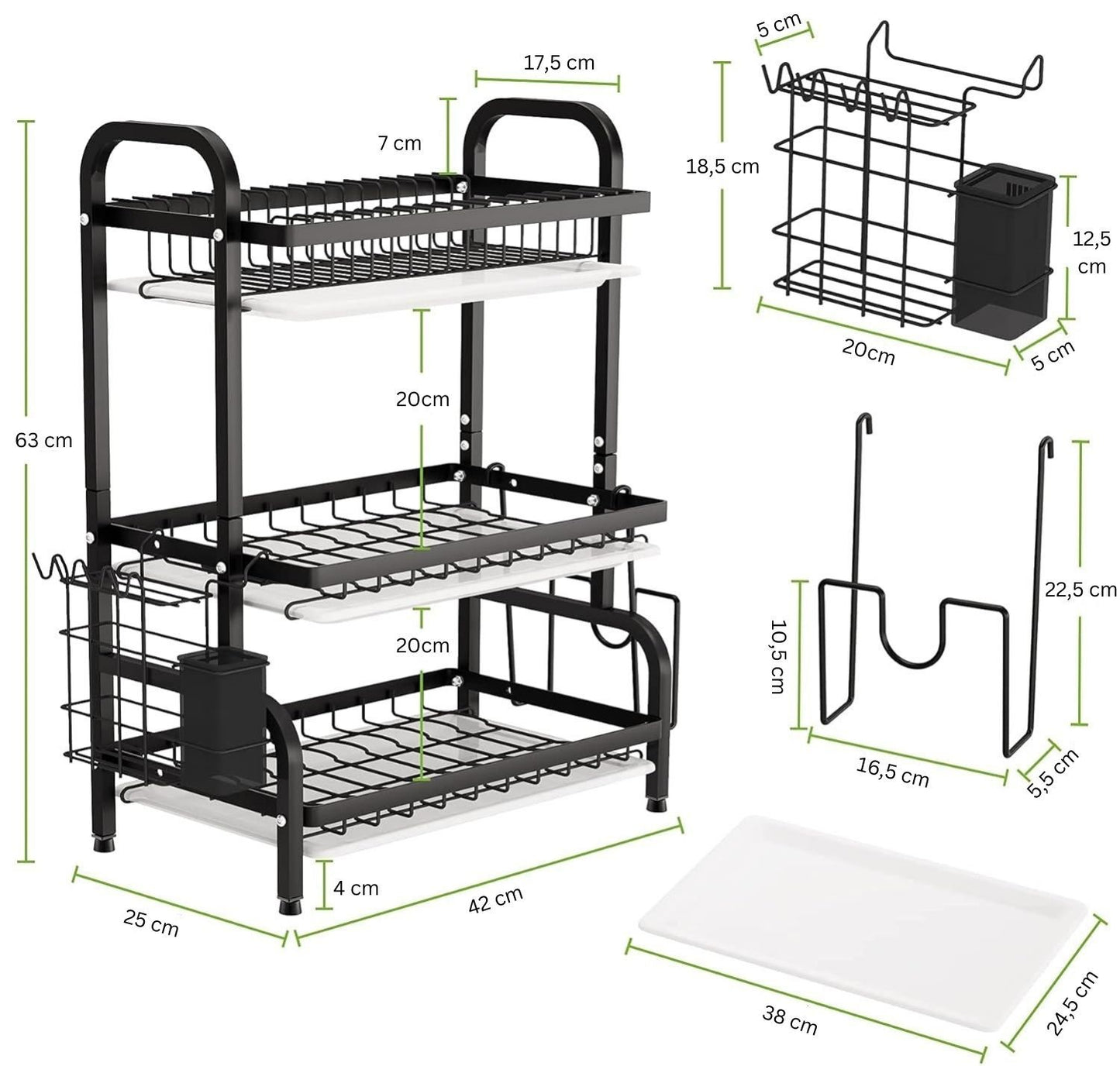 3-Tier Dish Drying Rack – Large Capacity Kitchen Organizer with Utensil & Cutting Board Holders – Rust-Resistant Stainless Steel