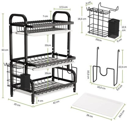 3-Tier Dish Drying Rack – Large Capacity Kitchen Organizer with Utensil & Cutting Board Holders – Rust-Resistant Stainless Steel