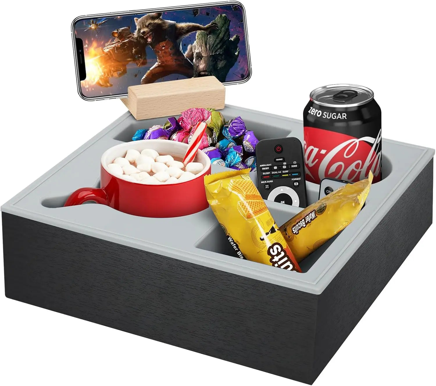 Wooden couch cup holder tray with silicone compartments