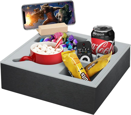 Wooden couch cup holder tray with silicone compartments