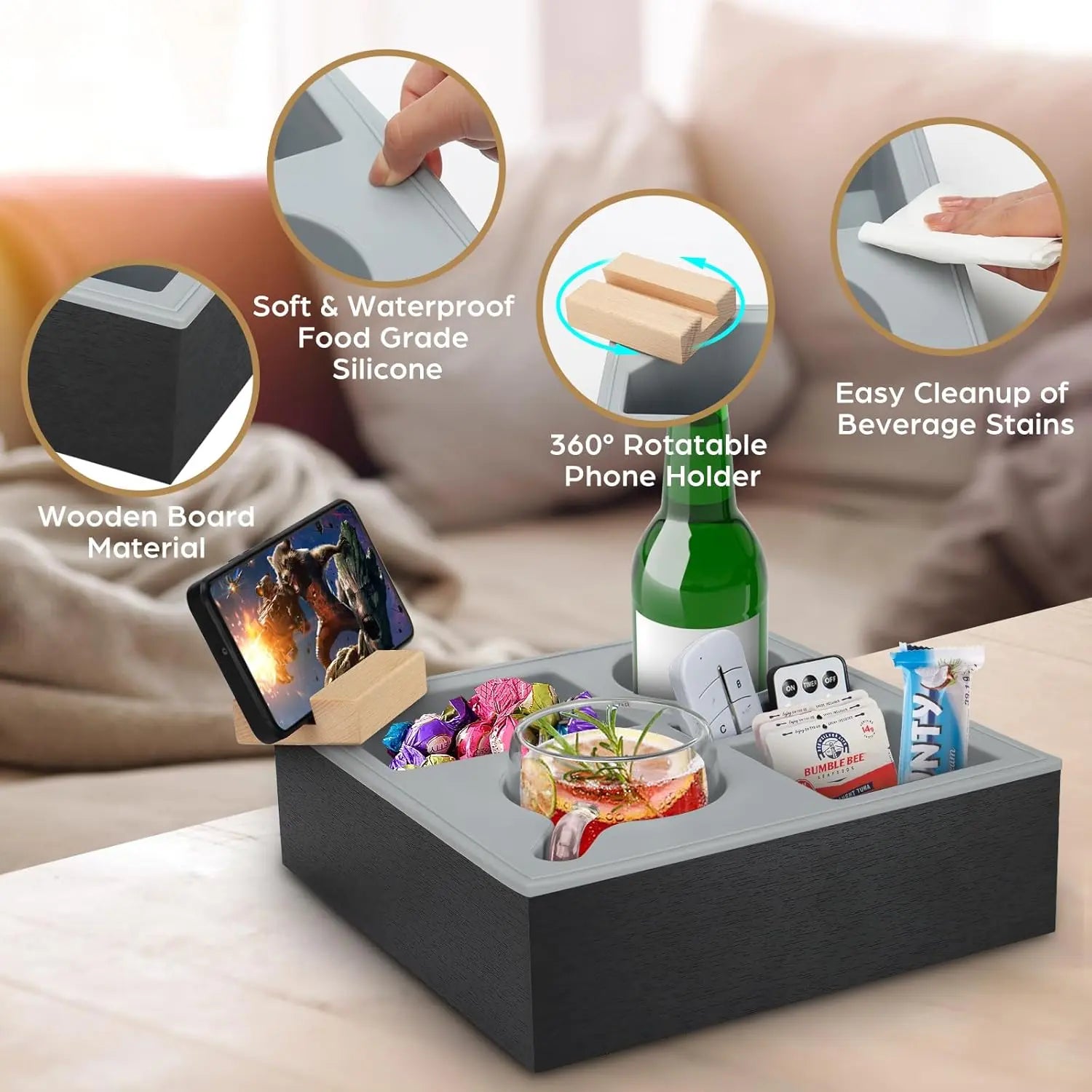 Work-from-home couch tray for snacks and devices
