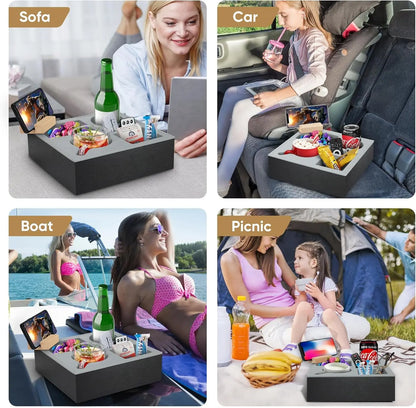 Couch Cup Holder Tray with Phone Stand – The Ultimate WFH Snack & Drink Caddy
