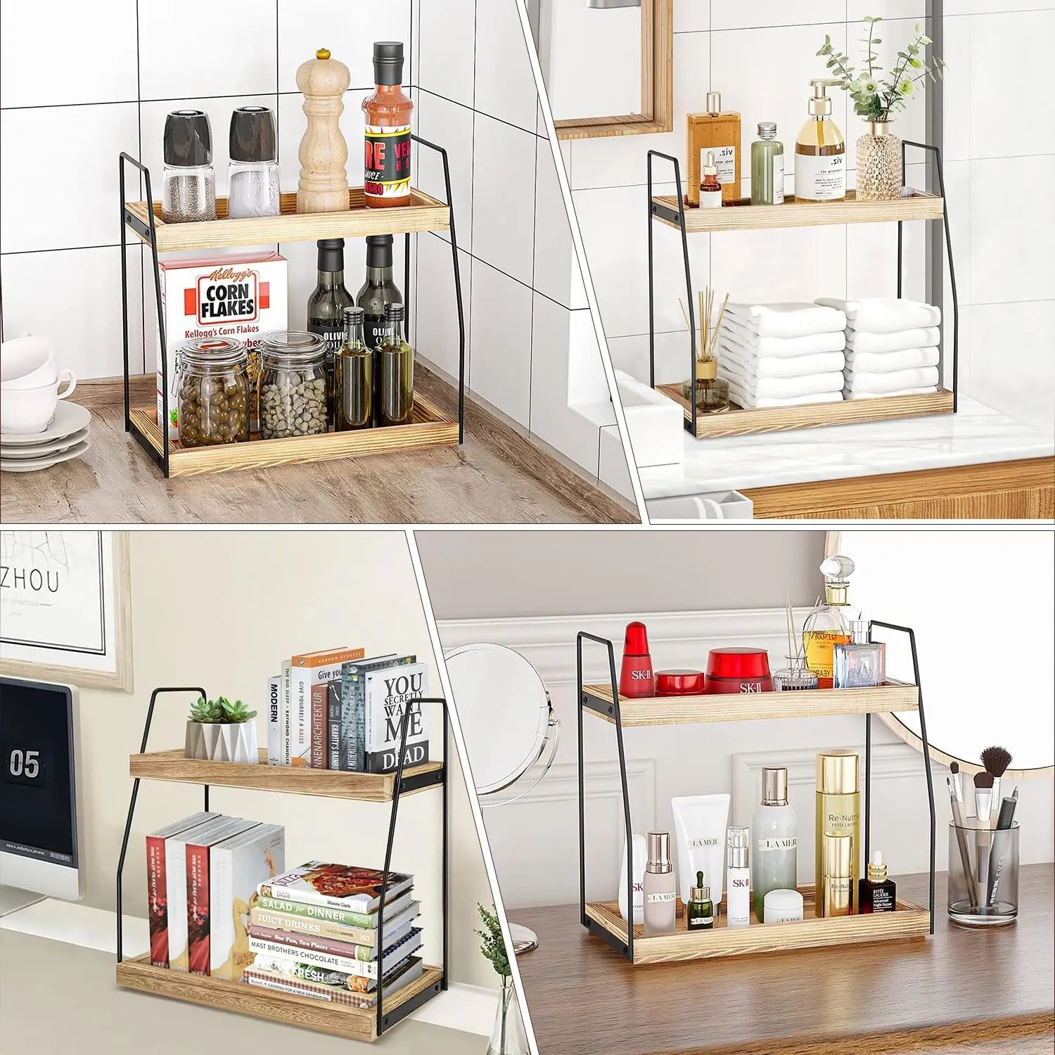Versatile wooden organizer used for bathroom toiletries and office supplies storage