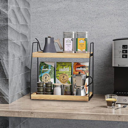 Coffee station organizer holding syrups mugs and accessories in modern kitchen