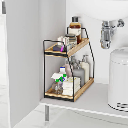 2-Tier Coffee Station Organizer Rack - Wooden Kitchen Storage for Syrups & Mugs