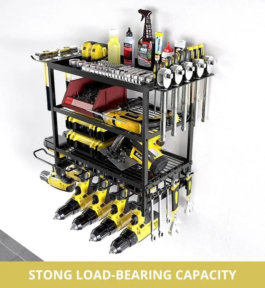 Wall mounted power tool organizer installed in Australian garage workshop showing space-saving design