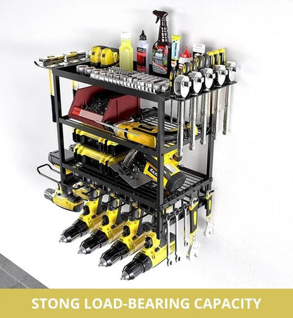 Wall mounted power tool organizer installed in Australian garage workshop showing space-saving design