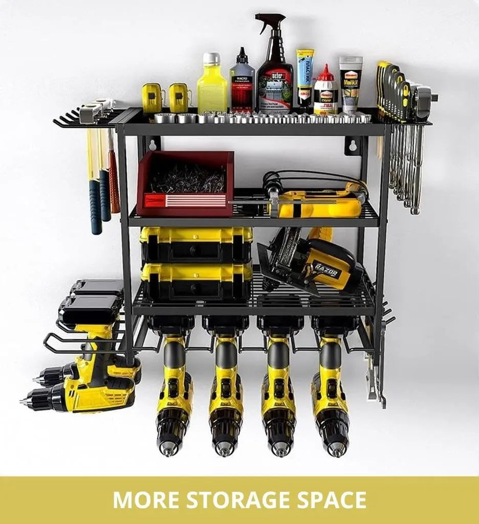 4-tier tool rack loaded with cordless drills impact drivers and hand tools showing maximum storage capacity