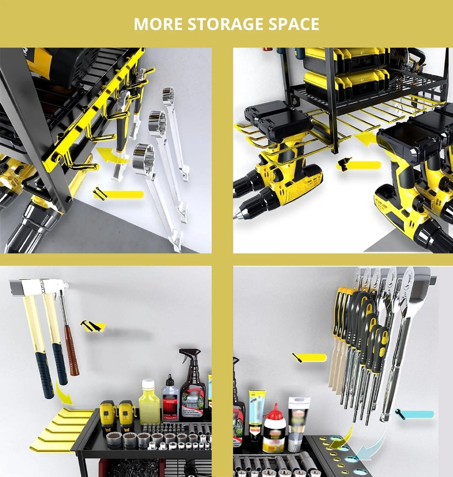 Angled drill slots and side wrench hooks on industrial steel power tool organizer rack