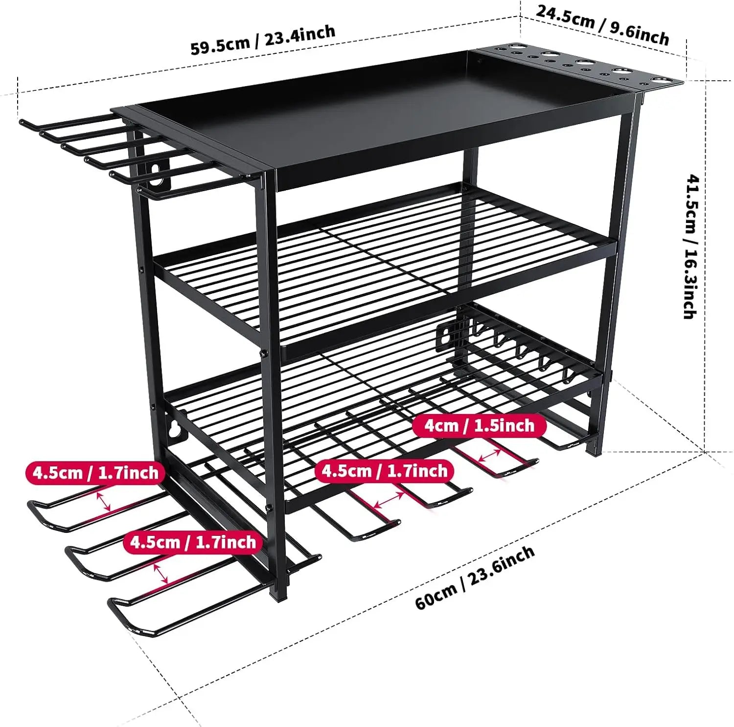 Power tool rack dimensions 25x42x60cm showing compact wall mount footprint for garage workshops