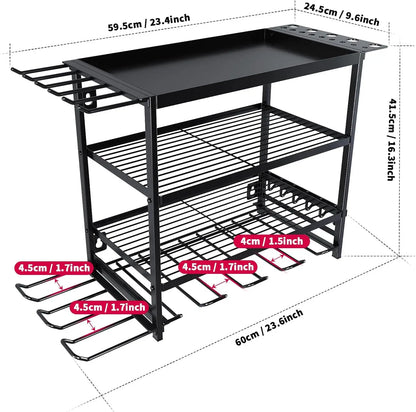Power tool rack dimensions 25x42x60cm showing compact wall mount footprint for garage workshops