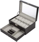 Black Leather Watch Box Jewellery Display Case with Drawers (12 Slots with 2 Layers)