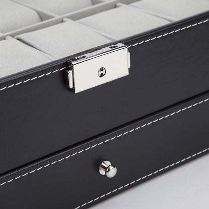 Black Leather Watch Box Jewellery Display Case with Drawers (12 Slots with 2 Layers)