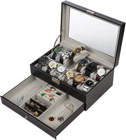 Black Leather Watch Box Jewellery Display Case with Drawers (12 Slots with 2 Layers)