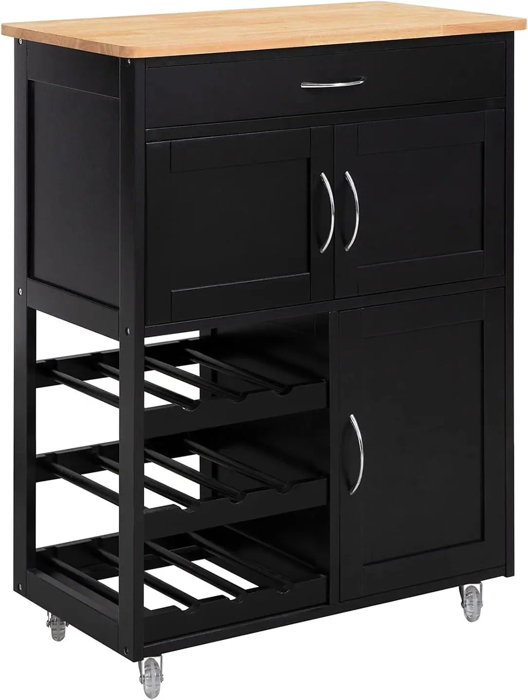 Mobile kitchen trolley with wine bottle rack, drawer and cupboard storage on rolling castor wheels for Australian home entertaining