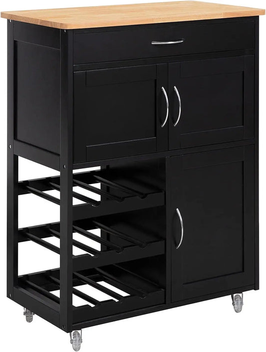 Mobile kitchen trolley with wine bottle rack, drawer and cupboard storage on rolling castor wheels for Australian home entertaining