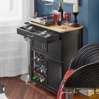 Premium rubberwood work surface on kitchen trolley showing food preparation and serving capabilities with durable finish