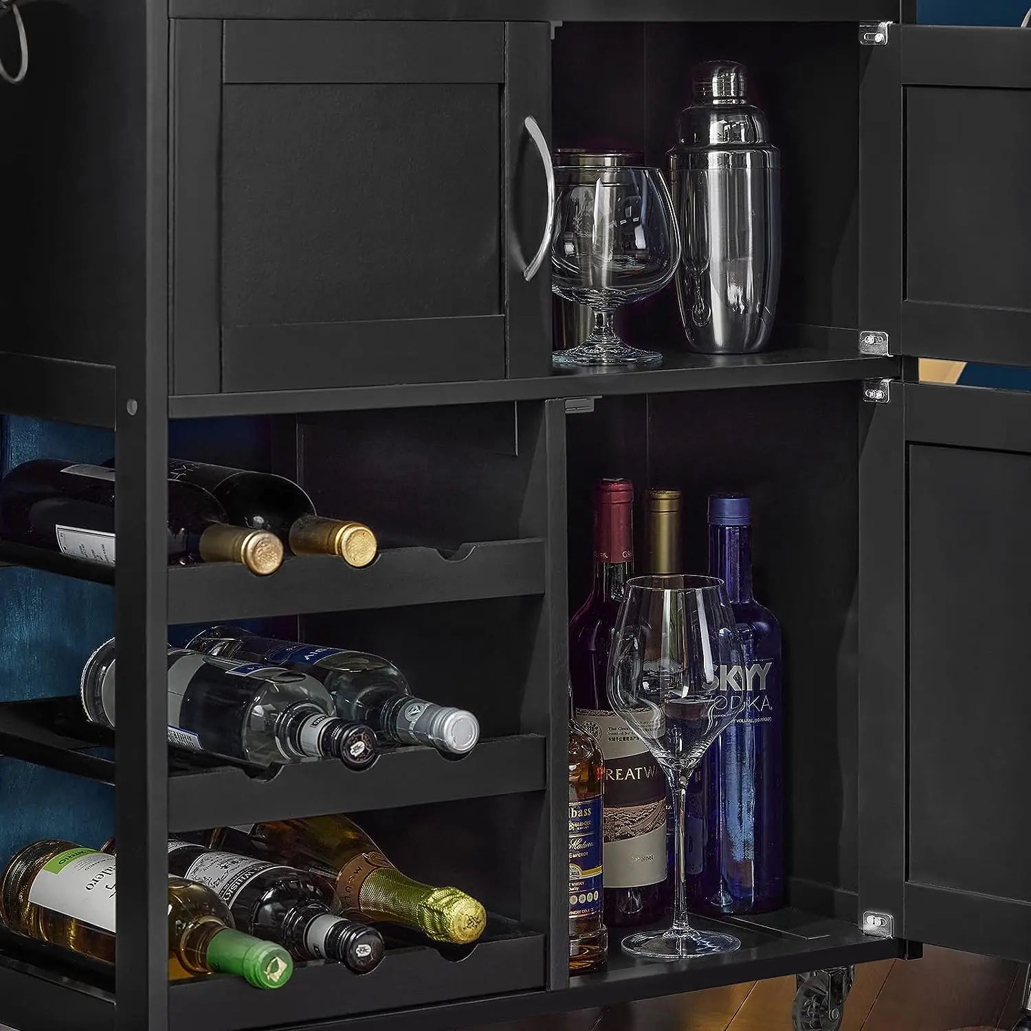 Close-up of wine bottle storage rack showing secure bottle holders in kitchen trolley with premium rubberwood construction