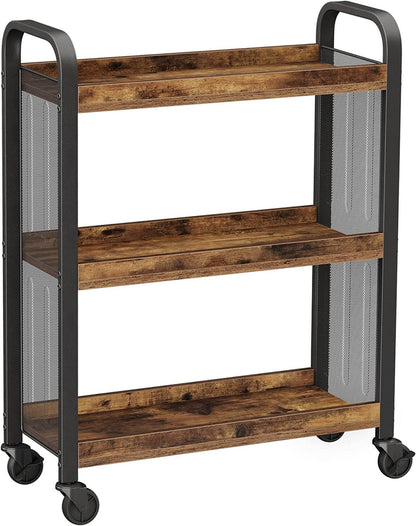 Rustic Brown Kitchen Trolley Cart with Steel Frame – Rolling Storage Shelves (66x26x85cm)