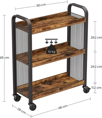 Rustic Brown Kitchen Trolley Cart with Steel Frame – Rolling Storage Shelves (66x26x85cm)