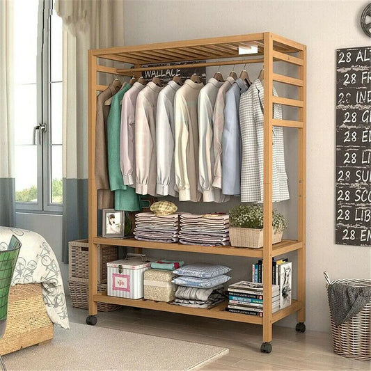 Bamboo clothes rack with wheels and 3 tiers for bedroom organisation