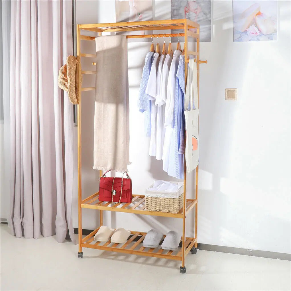 Bamboo Clothes Rack with Wheels | 3-Tier Rolling Garment Organiser