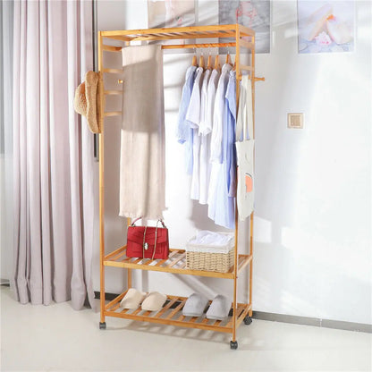 Bamboo Clothes Rack with Wheels | 3-Tier Rolling Garment Organiser