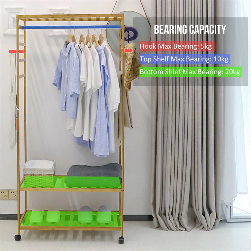 Natural bamboo rolling garment rack with side hooks and bottom shelf