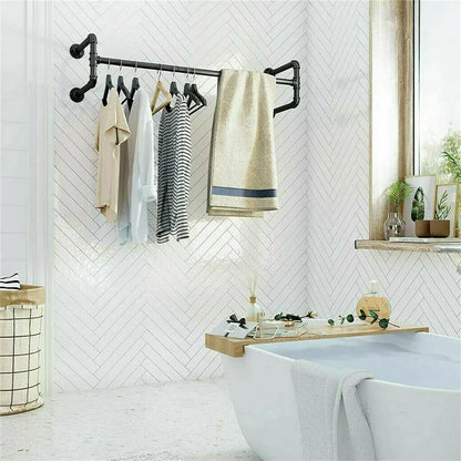 Wall Mounted Clothes Rack with Shelf - Industrial Iron Garment Rail 109cm