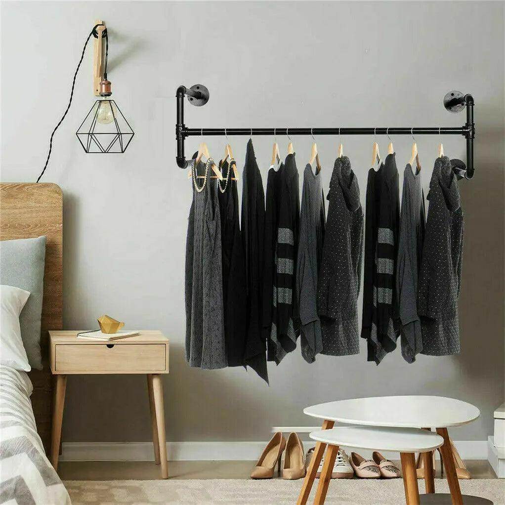 Wall Mounted Clothes Rack with Shelf - Industrial Iron Garment Rail 109cm