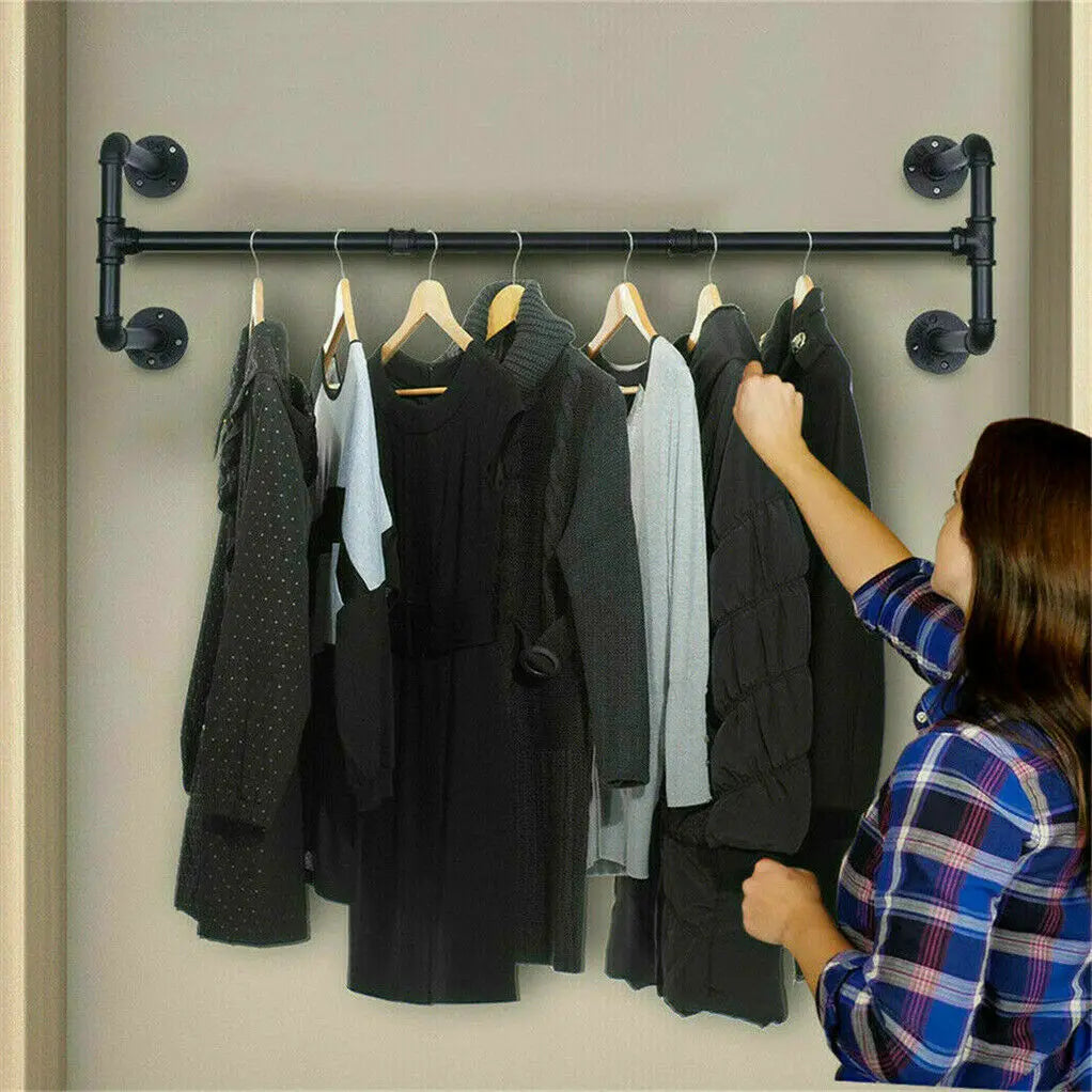 Wall Mounted Clothes Rack with Shelf - Industrial Iron Garment Rail 109cm
