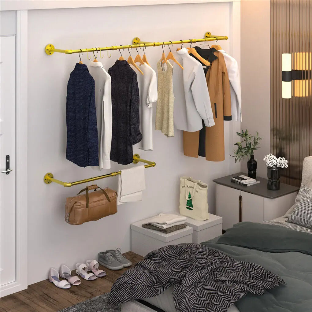 Gold Wall Mounted Clothes Rack | Vintage Industrial Garment Rail 180cm