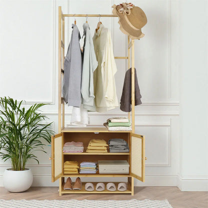 Integrated storage cabinet on bamboo clothes rack for accessories and bags