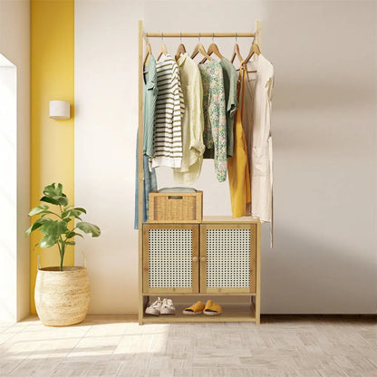 Bamboo coat stand in modern entryway with jackets and bags organized