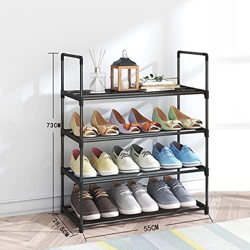4-Tier] Stainless Steel Shoe Rack (Black, 55cm) – Compact Storage for 12–16 Pairs | Rust-Resistant & DIY Adjustable
