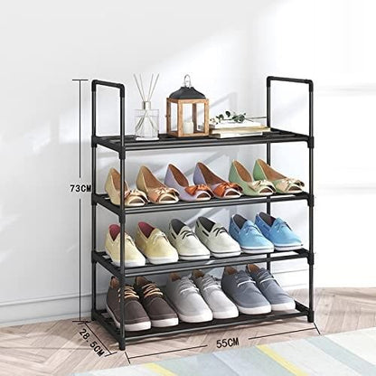 4-Tier] Stainless Steel Shoe Rack (Black, 55cm) – Compact Storage for 12–16 Pairs | Rust-Resistant & DIY Adjustable