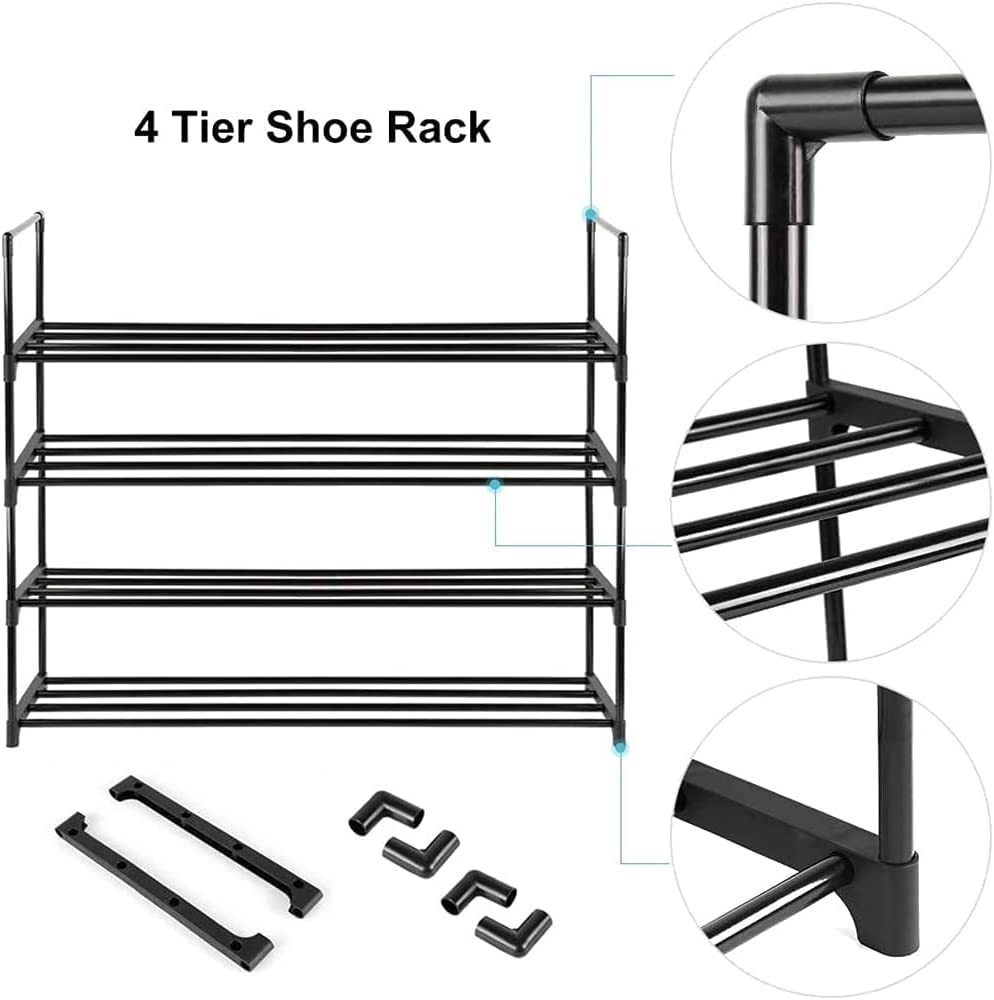 4-Tier] Stainless Steel Shoe Rack (Black, 55cm) – Compact Storage for 12–16 Pairs | Rust-Resistant & DIY Adjustable