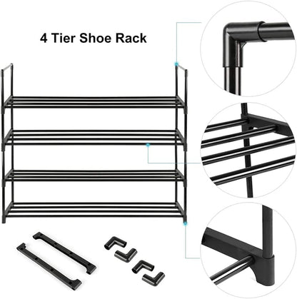 4-Tier] Stainless Steel Shoe Rack (Black, 55cm) – Compact Storage for 12–16 Pairs | Rust-Resistant & DIY Adjustable