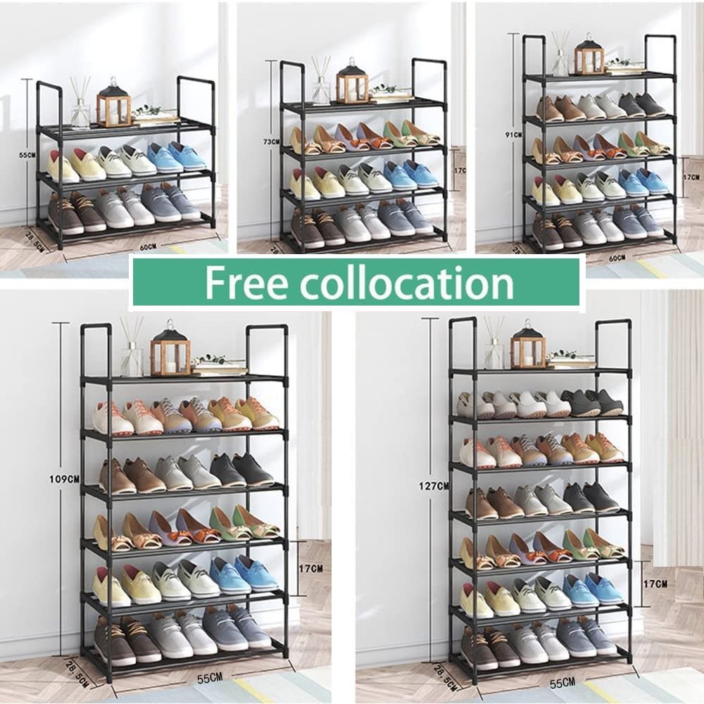 4-Tier] Stainless Steel Shoe Rack (Black, 55cm) – Compact Storage for 12–16 Pairs | Rust-Resistant & DIY Adjustable
