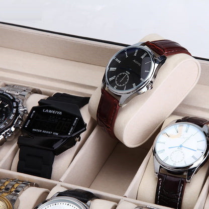 Deluxe 12-Slot Black PU Leather Watch Organizer – Display Box for Men & Women | Elegant Glass Lid & Velvet Lining