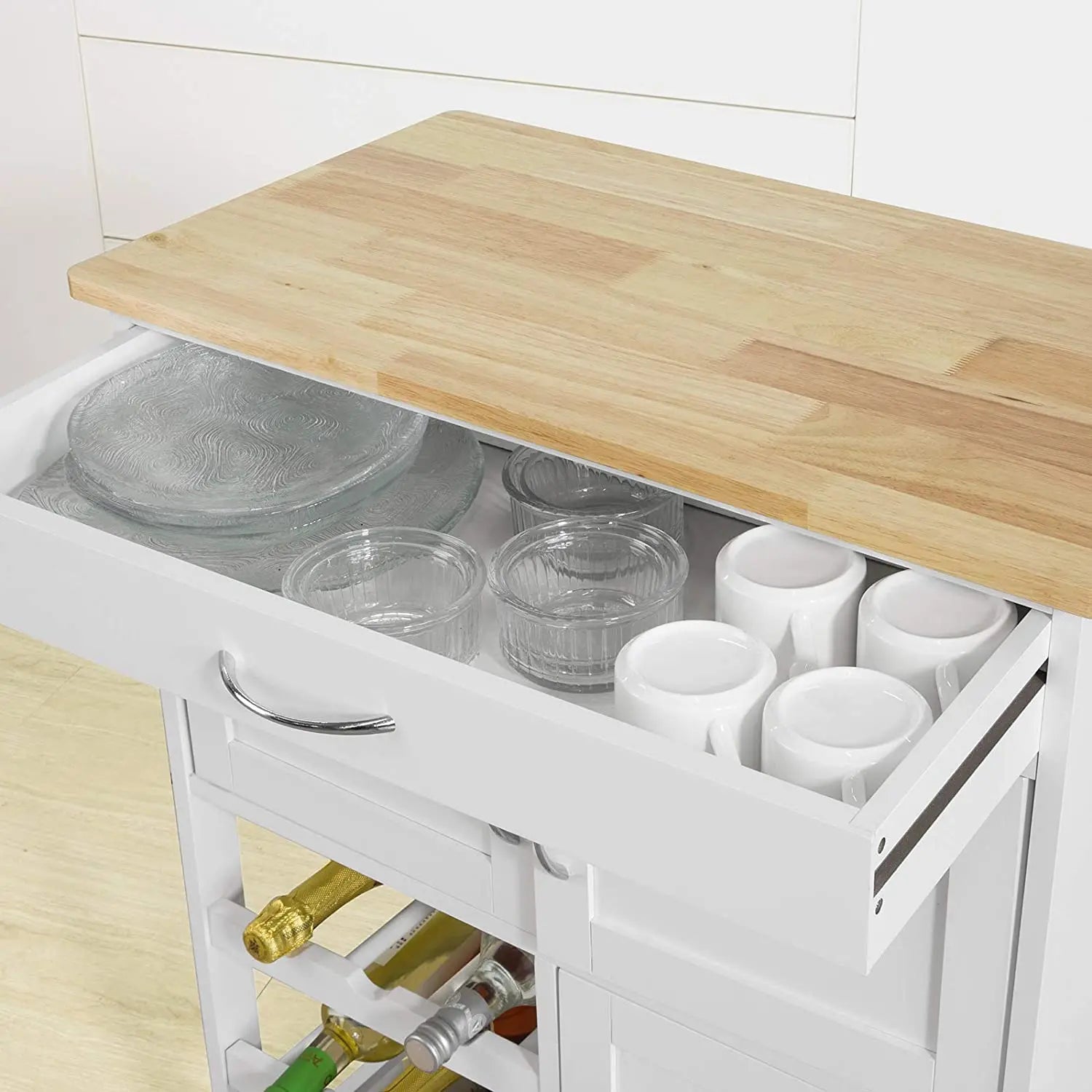 Close up rubber wood countertop premium construction kitchen trolley showing natural wood grain and metal handles
