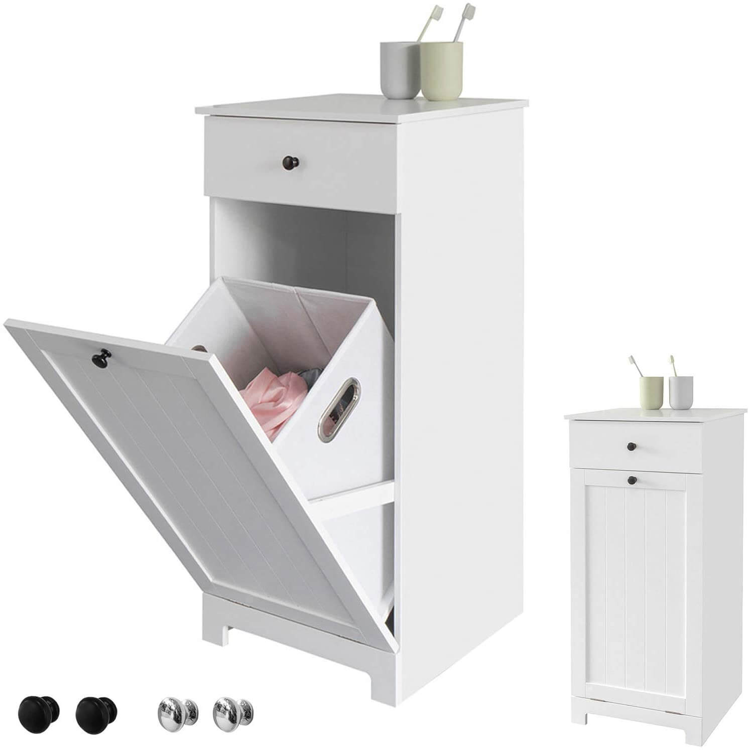 White bathroom cabinet with tilt-out laundry hamper and drawer