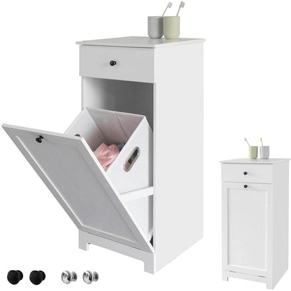 White bathroom cabinet with tilt-out laundry hamper and drawer