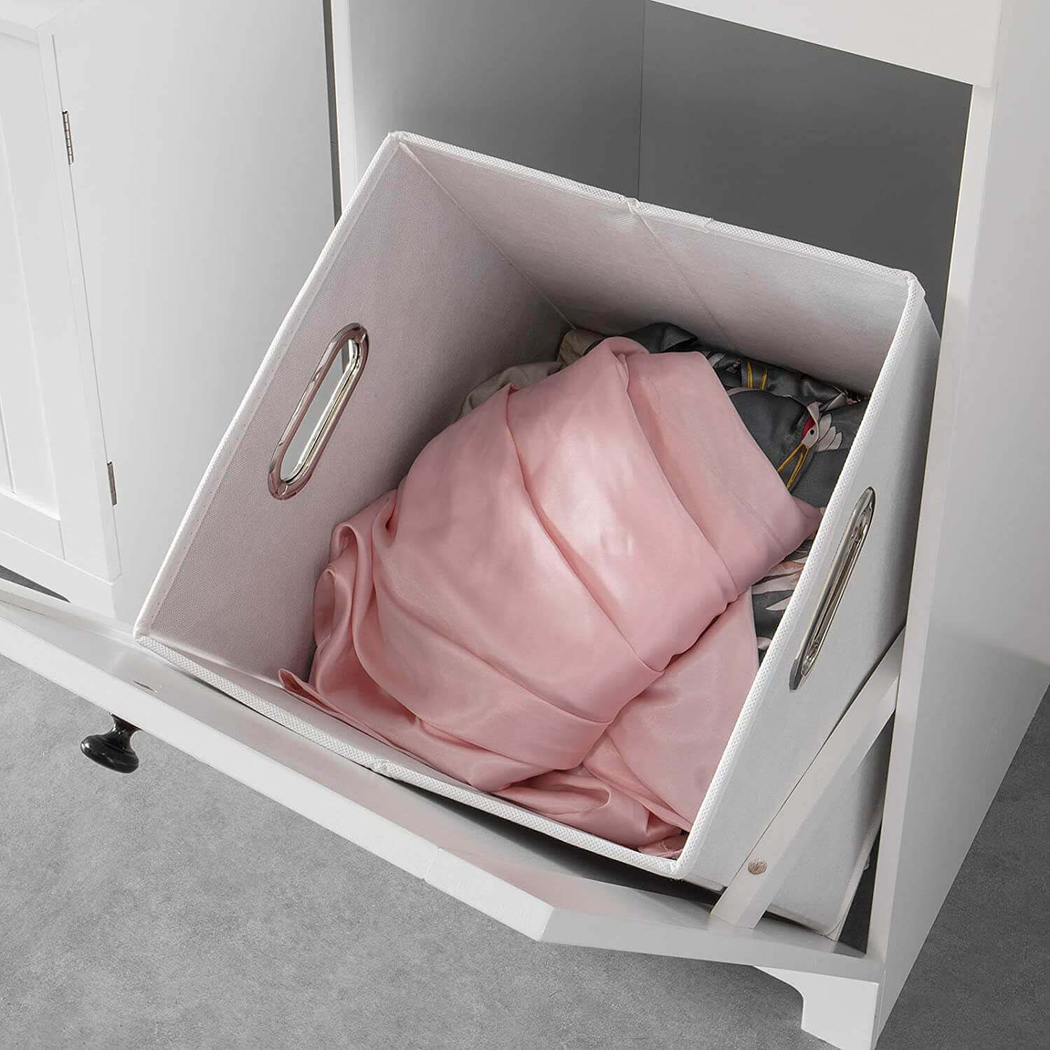 Hidden hamper storage cabinet for small bathroom