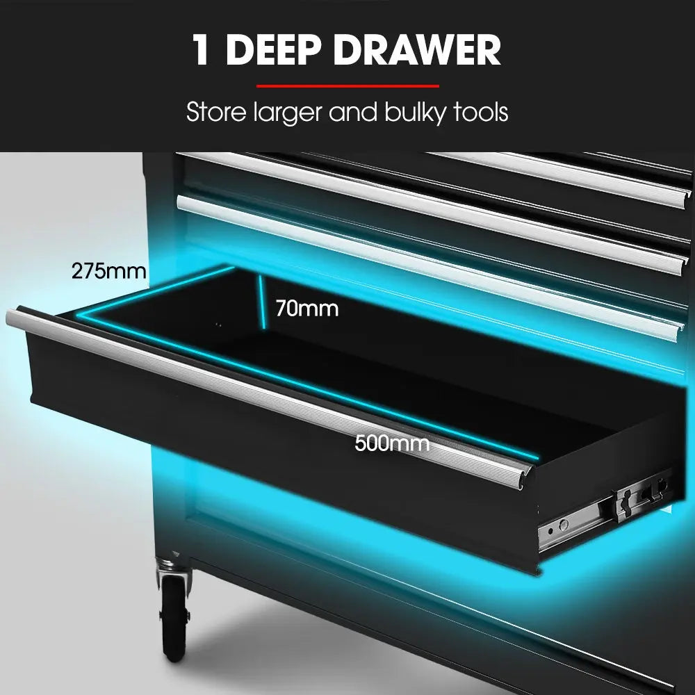 Seven drawer layout showing varying depths 35mm, 70mm, and 160mm for organized tool storage