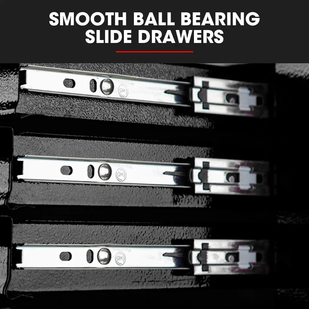 Close-up of commercial-grade ball bearing drawer slides on Bullet Pro professional tool cabinet