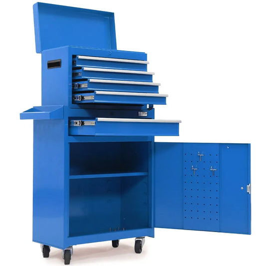 Bullet Pro 5 drawer split tool cabinet in blue with detachable top chest and rolling base with casters