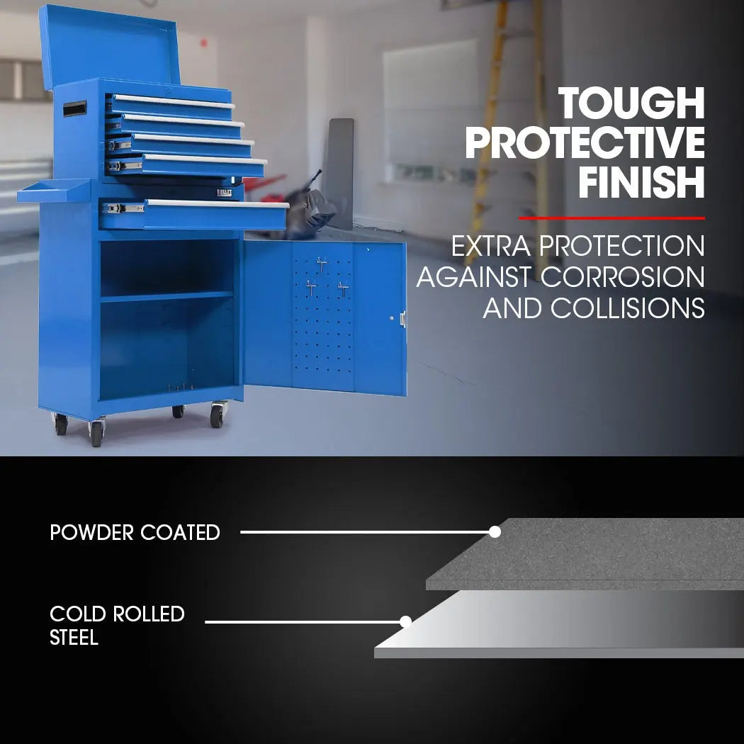 Portable top chest with 4 shallow drawers, tool tray and carry handles for job site mobility