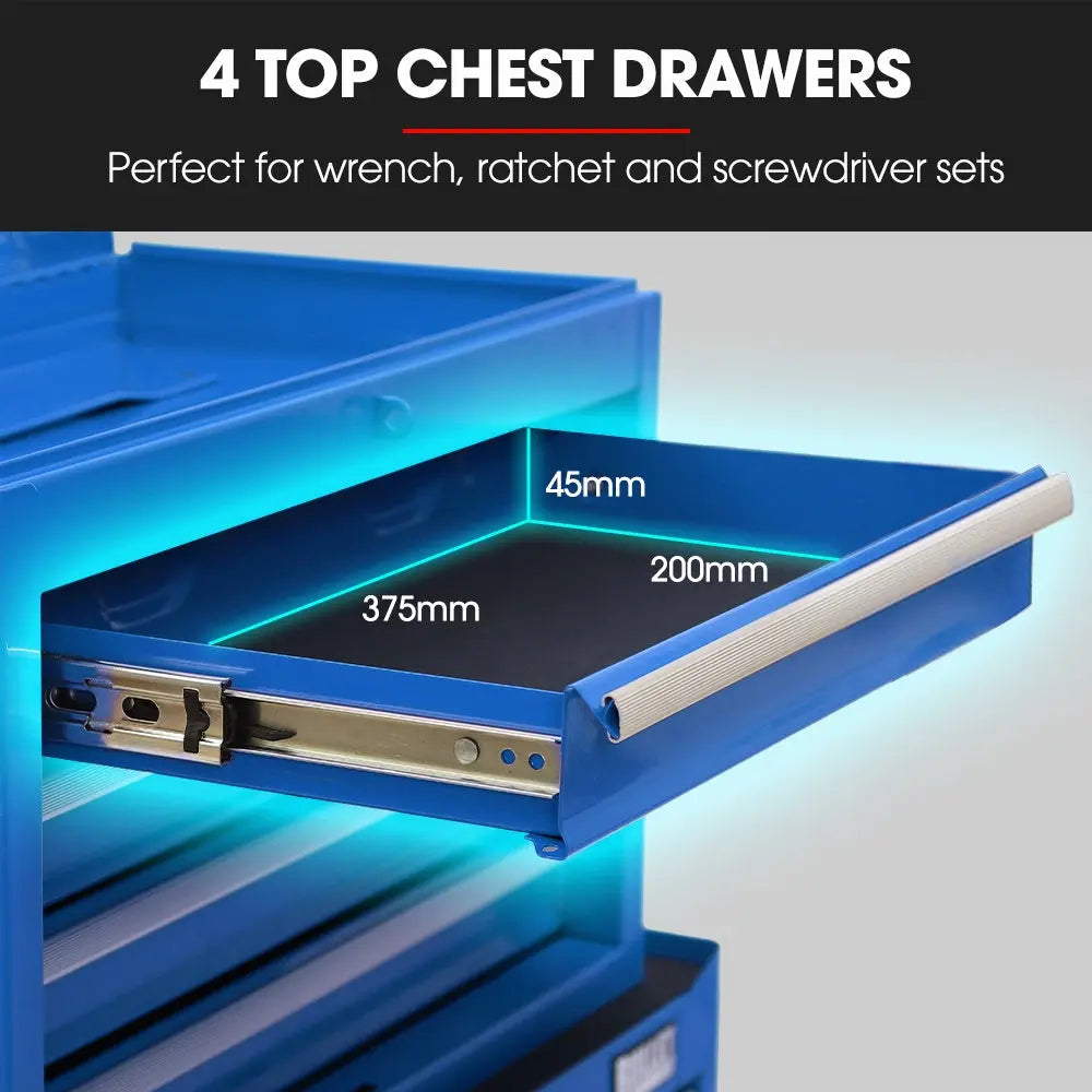 Portable top chest with 4 shallow drawers, tool tray and carry handles for job site mobility