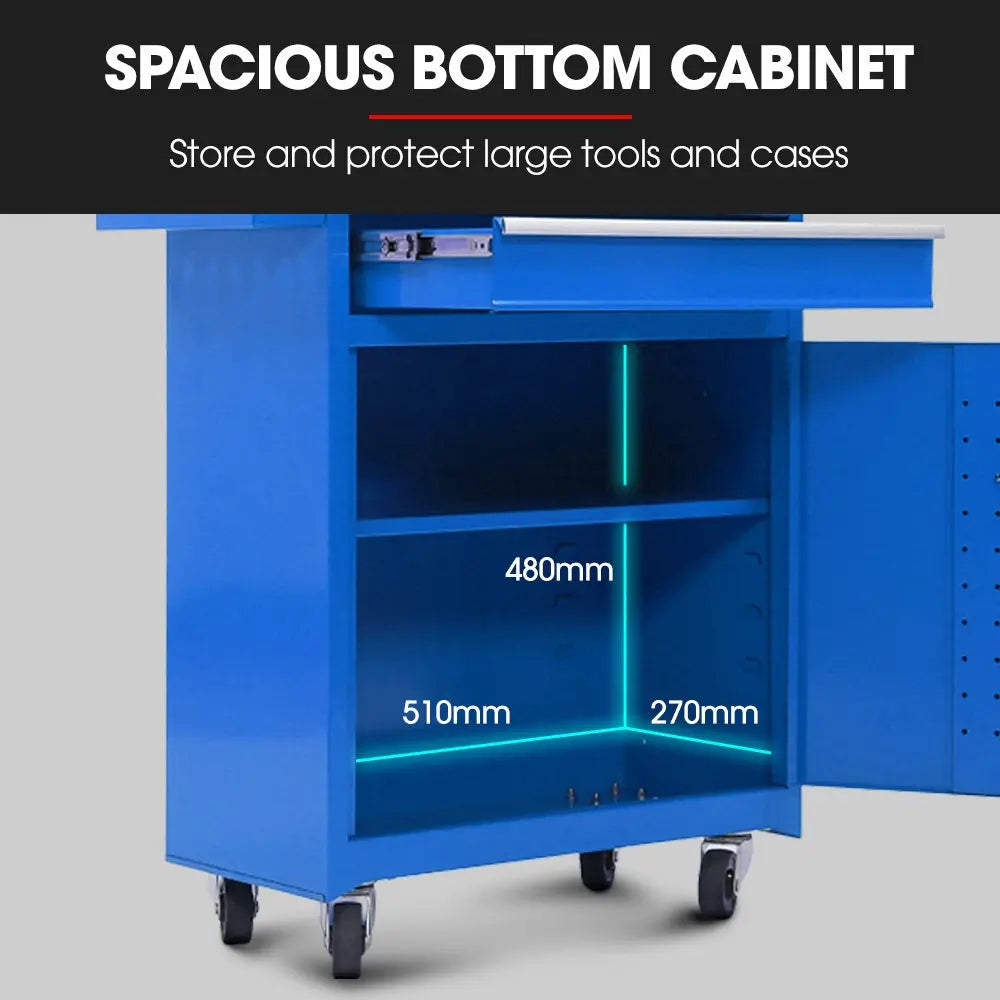 Rolling base unit with deep drawer and side-opening door cabinet on heavy duty locking casters